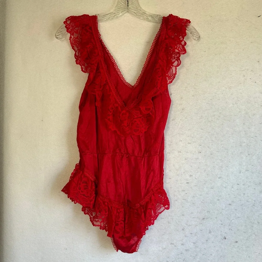 Vintage Alana Gale Red Lace Teddy Bodysuit and Sheer Mesh Robe Set Small 37014